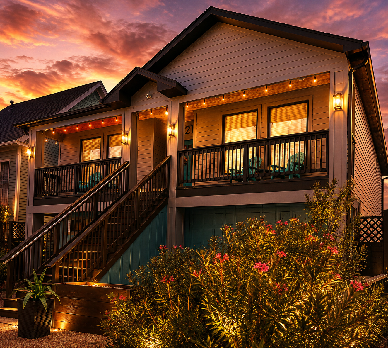 Main property with three Airbnb studios at sunset