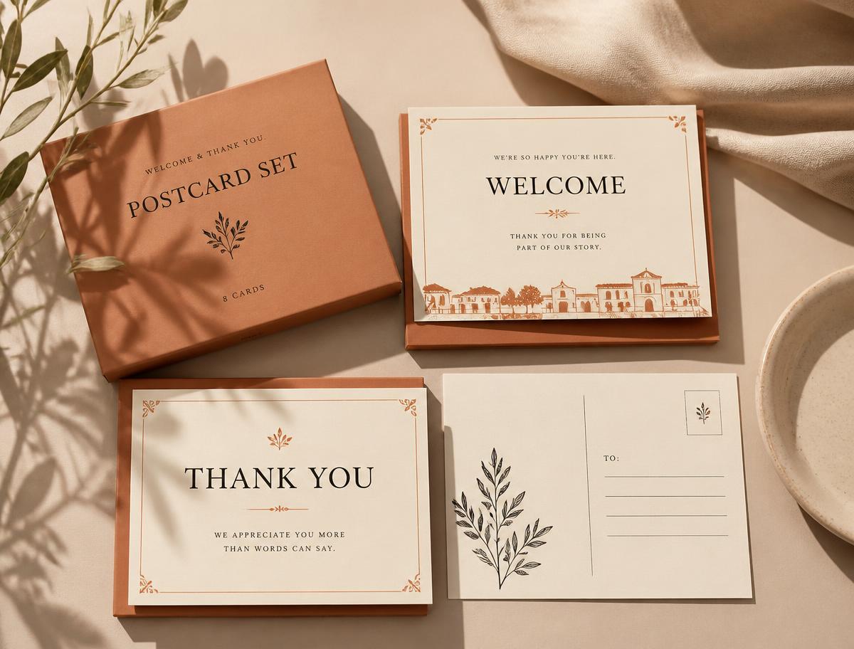 Set of printed welcome and thank-you cards