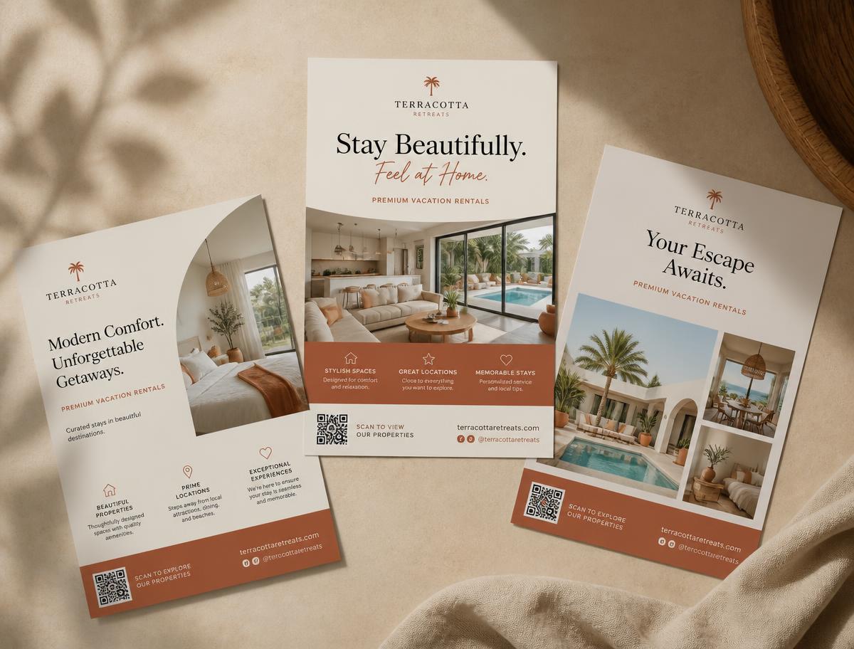 Printed promotional flyers featuring property photos