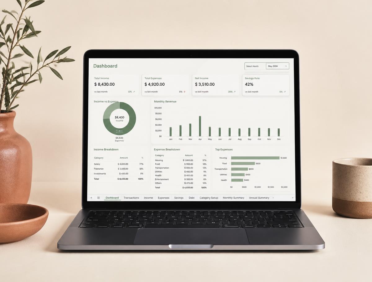 Laptop showing a property income and expense spreadsheet