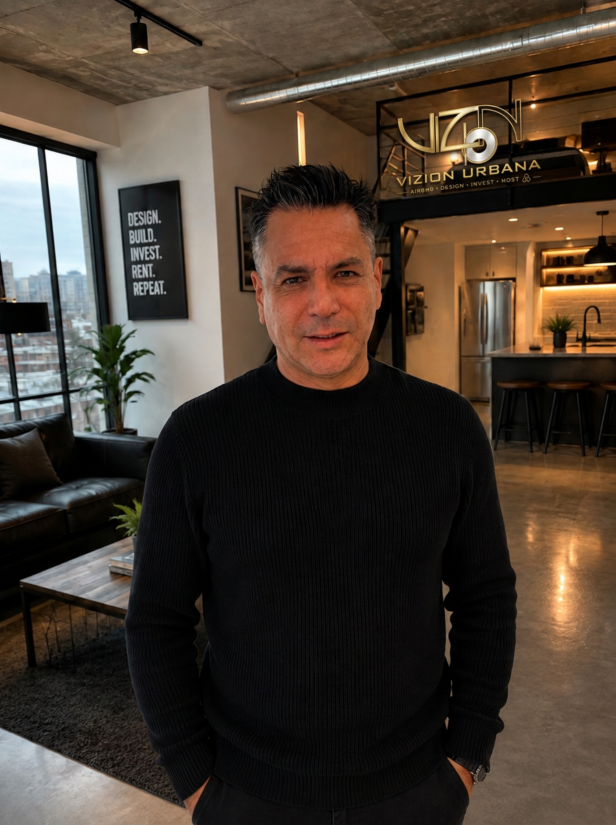 Diego Reyes, creator of the blueprint, in a designer loft