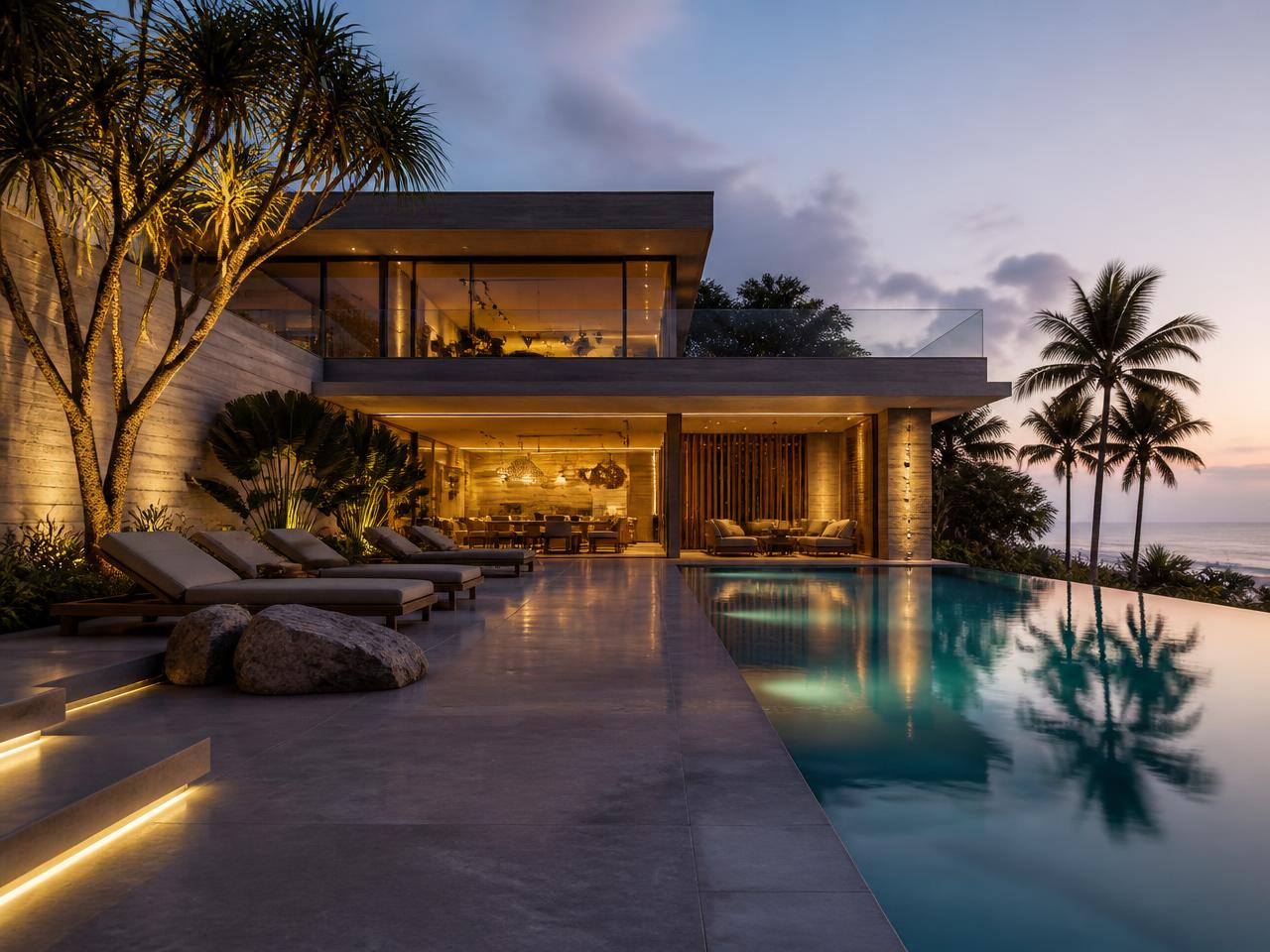 Modern villa facade with an infinity pool at sunset
