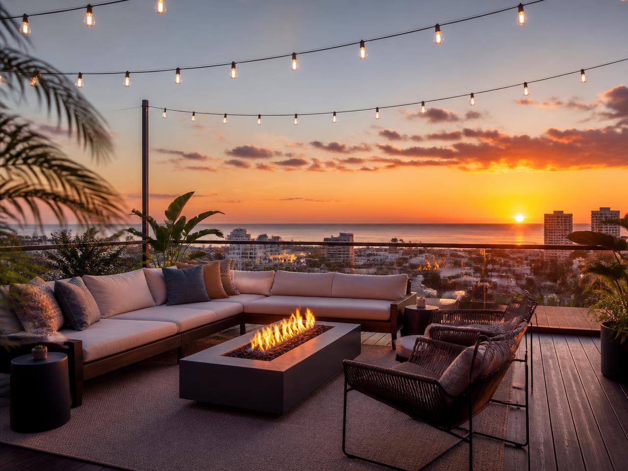 Rooftop terrace with a fire pit and ocean view at sunset
