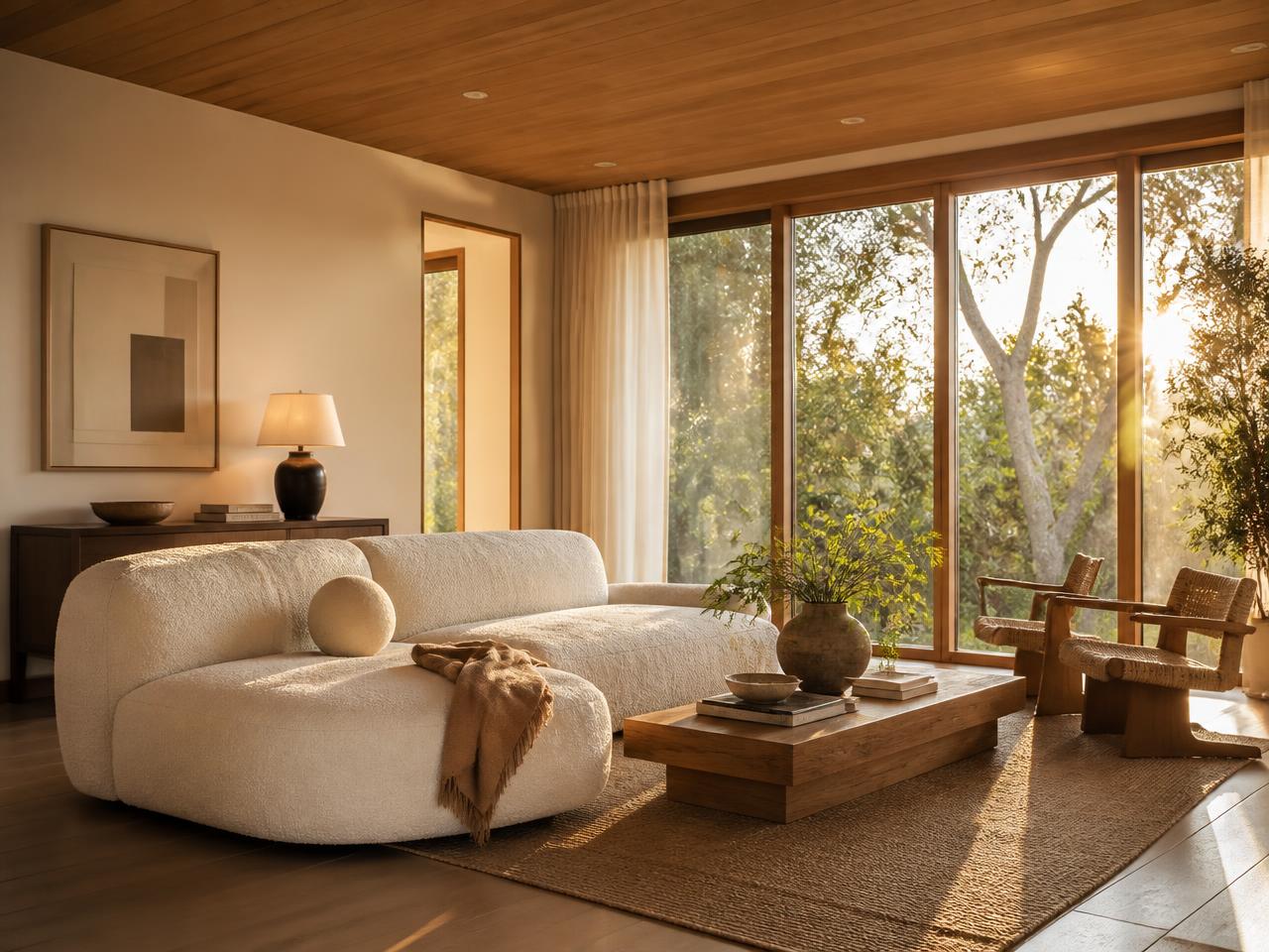 Minimalist living room with warm natural light