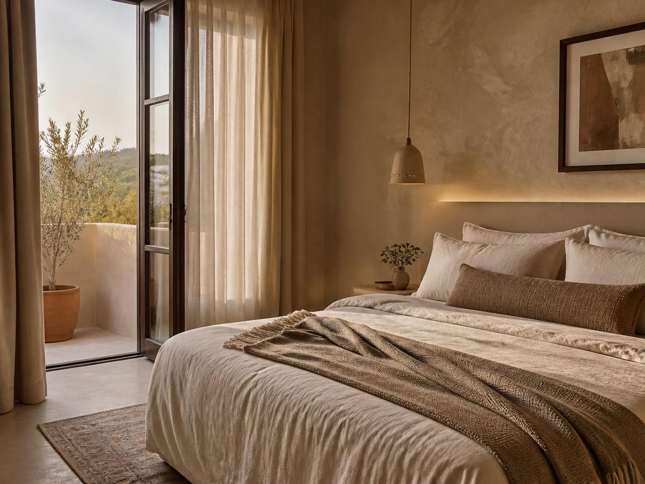 Designer bedroom with linen textiles