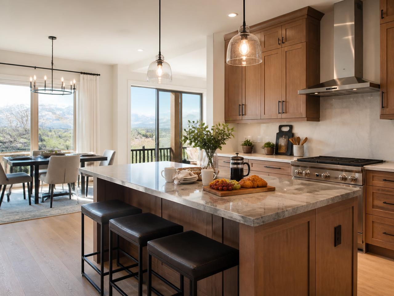 Modern kitchen with a stone island and dining area