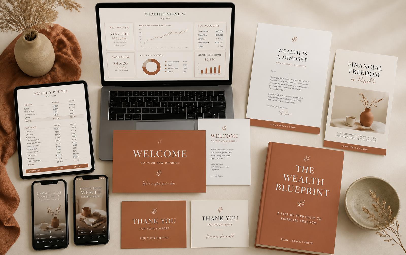 Complete toolkit: laptop, tablet, phones, cards, letters, flyers, and ebook